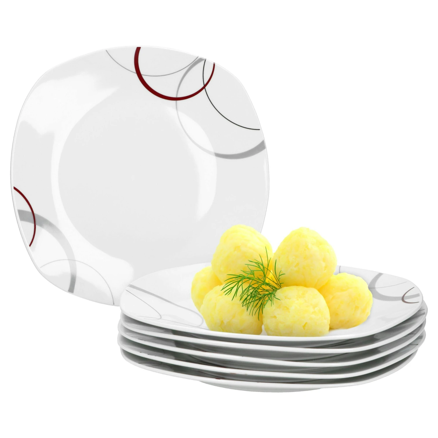 6er Set Dessertteller Flach Palazzo 19cm - Kuchenteller / Frühstücksteller Aus Weißem Porzellan Mit Dekor-Kreisen In Grau Und Dunkelrot 4 6er Set Dessertteller Flach Palazzo 19cm - Kuchenteller / Frühstücksteller Aus Weißem Porzellan Mit Dekor-Kreisen In Grau Und Dunkelrot – Bild 2