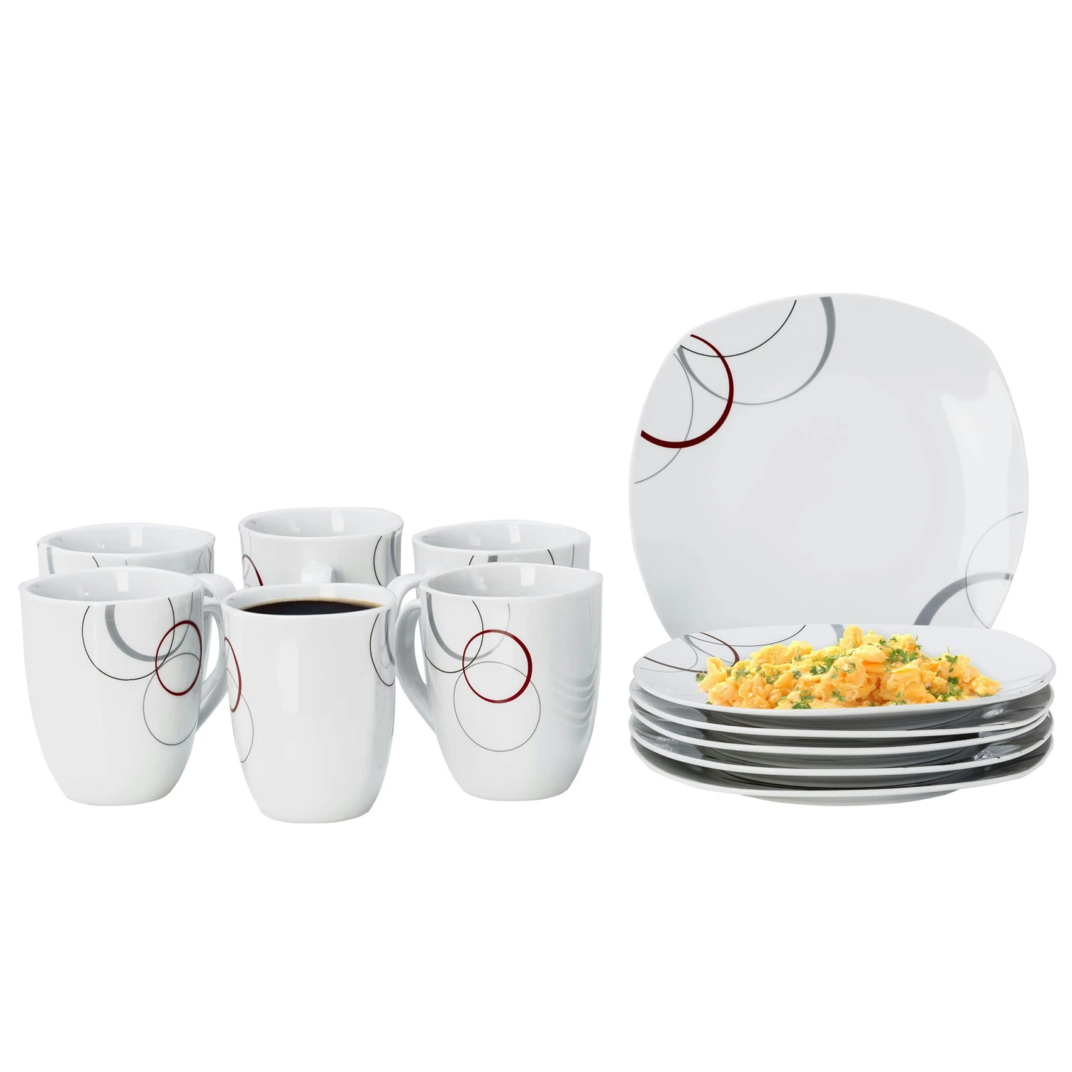 Kombiservice Palazzo 62tlg. - Weißes Porzellan Mit Kreise- Dekor In Grau Und Dunkelrot - Für 6 Personen 5 Kombiservice Palazzo 62tlg. - Weißes Porzellan Mit Kreise- Dekor In Grau Und Dunkelrot - Für 6 Personen – Bild 3