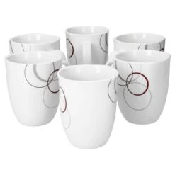 6er Set Kaffeebecher Palazzo 33cl - Kaffeetasse Aus Weißem Porzellan Mit Dekor-Kreisen In Grau Und Dunkelrot