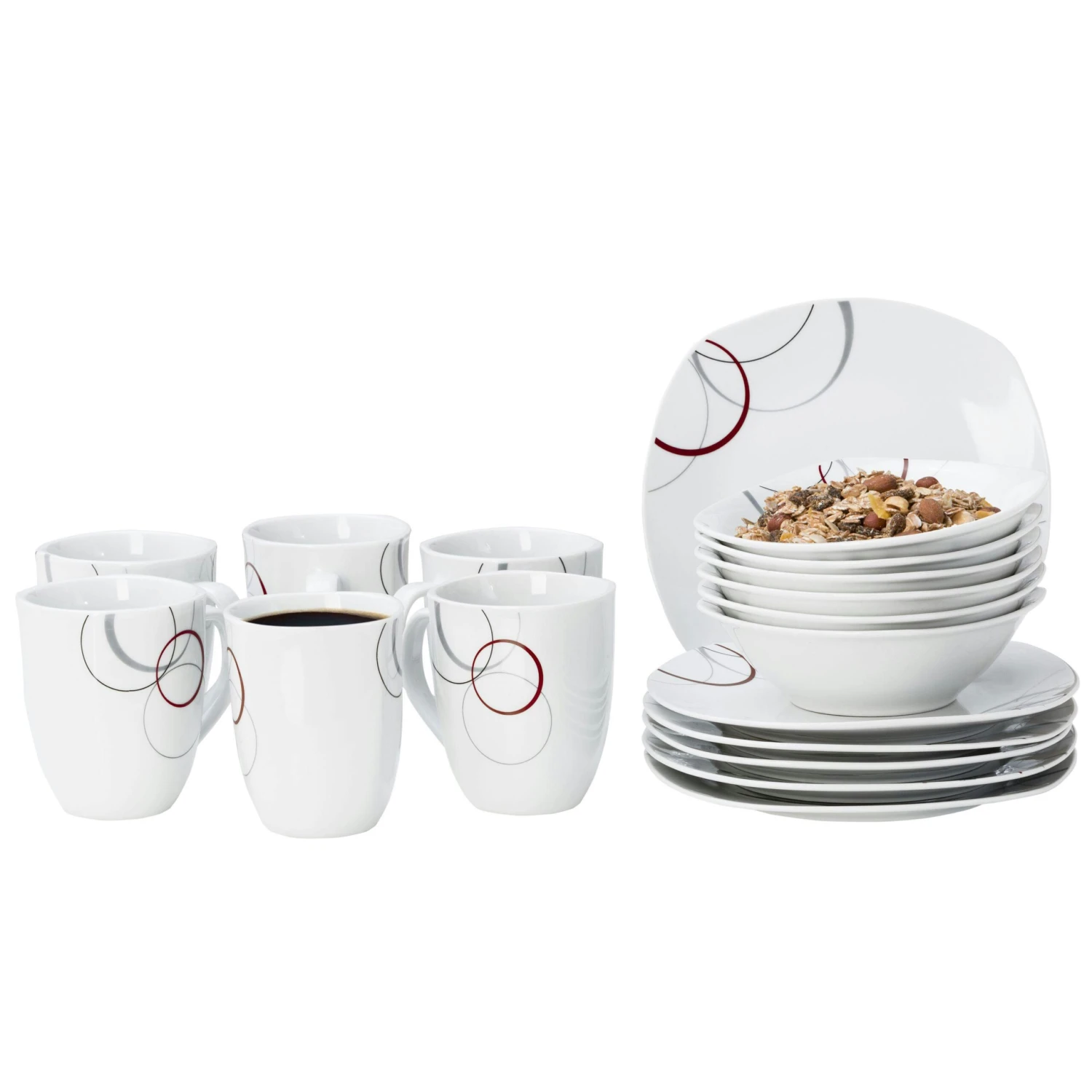 Kombiservice Palazzo 62tlg. - Weißes Porzellan Mit Kreise- Dekor In Grau Und Dunkelrot - Für 6 Personen 4 Kombiservice Palazzo 62tlg. - Weißes Porzellan Mit Kreise- Dekor In Grau Und Dunkelrot - Für 6 Personen – Bild 2