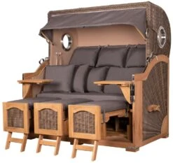 Strandkorb - Bene Living - Ammersee Grande XXL Teak Bullauge - PE Grau - Modell 551 - 3-Sitzer Inkl. Liftersystem